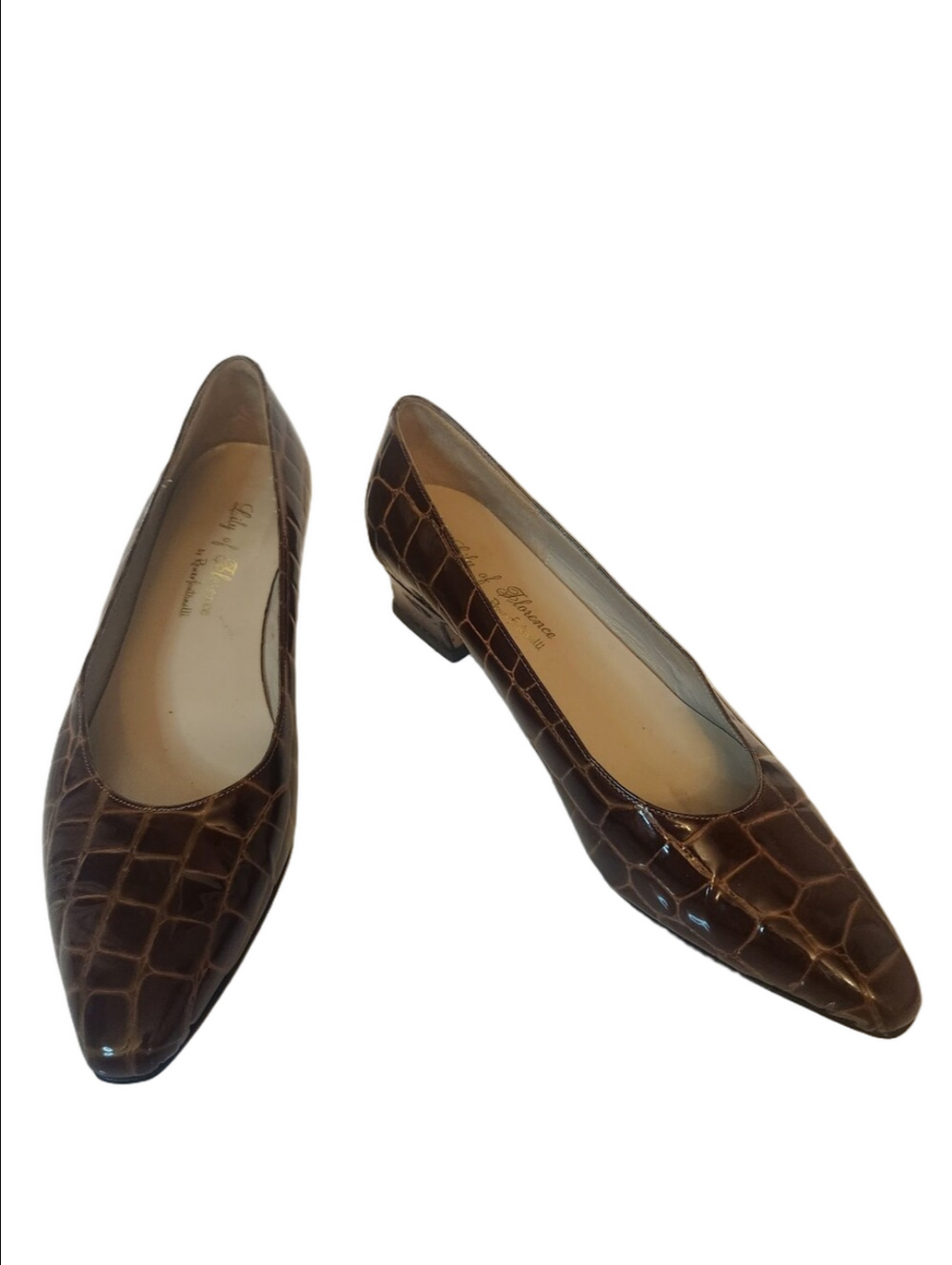 Vintage Lily of Florence Brown Croc-Embossed Leather Pumps Heeled Loafers Sz 8AA